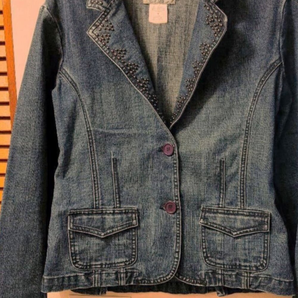 Vintage Lena Jeans Studded Grunge Punk Dazzled Jean Jacket Pockets Split Cuff M.